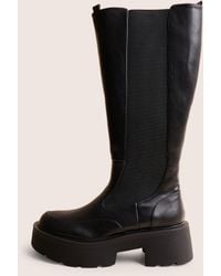 Public Desire - Evergreen Black Pu Wide Fit Knee High Elasticated Detail Chunky Heeled Sole Boots - Lyst