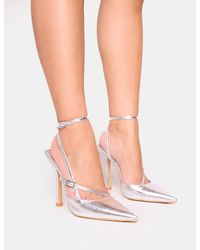 Public Desire - Idol Cracked Silver Buckle Strappy Detail Stiletto Pointed To Court High Heels - Lyst