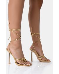 Public Desire - Glow Up Gold Pu Knotted Strappy Lace Up Square Toe Stiletto Heels - Lyst