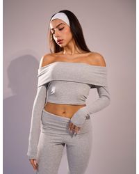 Public Desire - Rib Foldover Long Sleeve Top Grey - Lyst
