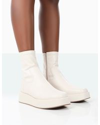 Public Desire - Not Okay Ecru Pu Chunky Sole Platform Sock Ankle Boots - Lyst