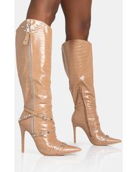Public Desire - Worthy Camel Croc Studded Zip Detail Pointed Toe Stiletto Knee High Boots - Lyst