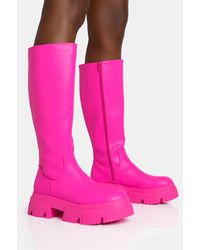Public Desire - Scorpio Hot Pink Rubberised Pu Rounded Toe Chunky Sole Knee High Boots - Lyst
