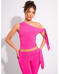 Public Desire - Knot Detail Asymmetric One Shoulder Slinky Top Hot Pink - Lyst