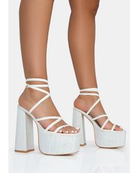 Public Desire - Suki Ecru Linen Strappy Platform Square Toe Block Heels - Lyst