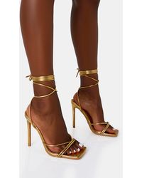 Public Desire - Dax Wide Fit Gold Pu Barely There Lace Up Square Toe Stiletto Heels - Lyst