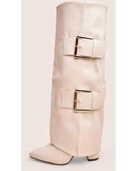 Public Desire - River Ecru Double Buckle Detail Pu High Knee Boots - Lyst
