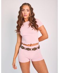 Public Desire - Ribbed Lettuce Trim Baby Tee Co Ord Pink - Lyst