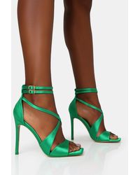 Public Desire - Moana Green Satin Cross Over Strap Square Toe Stiletto Heels - Lyst