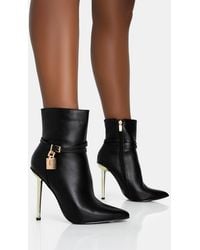 Public Desire - Jalan Black Pu Padlock Pointed Toe Gold Stiletto Heel Ankle Boots - Lyst