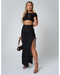 Public Desire - Tie Detail Textured Floral Split Maxi Skirt Black - Lyst