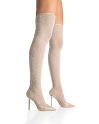 Public Desire - It Girl Nude Diamante Holographic Detailed Mesh Pointed Toe Stiletto Sock Boot Heels - Lyst