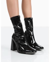 Public Desire - Liberty Wide Fit Black Patent Sock Block Heeled Ankle Boots - Lyst