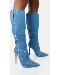 Public Desire - Worthy Blue Denim Studded Zip Detail Pointed Toe Stiletto Knee High Boots - Lyst