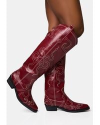 Public Desire - Serpentine Burgundy Wide Fit Snake Embroidered Flat Knee High Western Boots - Lyst