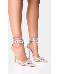 Public Desire - Blessing Wide Fit Silver Clear Perspex Diamante Heart Ankle Pearl Detailing Court Stiletto Heels - Lyst