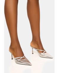 Public Desire - Casanova Cracked Silver Buckle Detail Pointed Toe Mid Heel Mules - Lyst