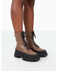 Public Desire - Refresh Mocha Pu Nylon Lace Up Platform Chunky Sole Ankle Boots - Lyst