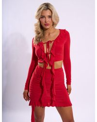 Public Desire - Frill Detail Tie Front Cardigan Top Red - Lyst