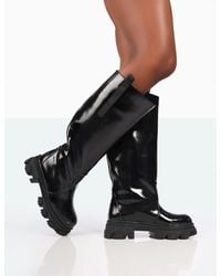 Public Desire - Genius Wide Fit Black Box Patent Knee High Chunky Sole Boots - Lyst