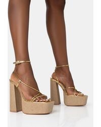 Public Desire - Blissful Gold Asymmetric Strappy Square Toe Raffia Platform Block Heels - Lyst