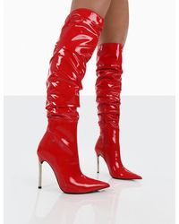 Public Desire Energy Red Patent Pointed Toe Over The Knee Heeled Boots