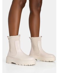 Public Desire - Alpine Cream Pu Faux Fur Trim Elasticated Ankle Chunky Ankle Boots - Lyst