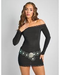 Public Desire - Lace Trim Bardot Long Sleeve Mini Dress Black - Lyst