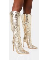 Public Desire - Worthy Metallic Gold Studded Zip Detail Pointed Toe Stiletto Knee High Boots - Lyst