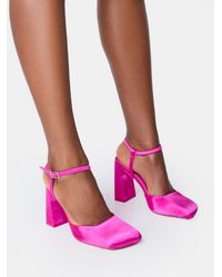 Public Desire - Leighton Pink Satin Slant Toe Block Heels - Lyst