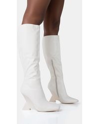 Public Desire - Vanessa Ecru Pu Inverted Wedge Square Toe Heeled Knee High Boots - Lyst