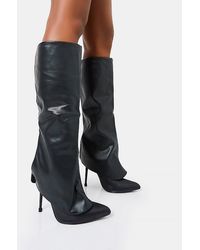 Public Desire - All Yours Black Pu Fold Over Pointed Toe Stiletto Knee High Boots - Lyst