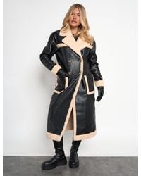 Public Desire - Borg Lined Faux Leather Maxi Aviator Coat Black - Lyst