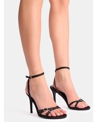 Public Desire - Jenna Black Microfibre Double Strap Diamante Buckle Detail Barely There Heels - Lyst