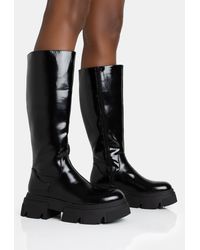 Public Desire - Scorpio Black Rubberised Pu Rounded Toe Chunky Sole Knee High Boots - Lyst