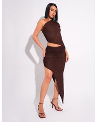 Public Desire - Textured Split Detail Midi Skirt Chocolate - Lyst