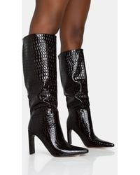 Public Desire - Undone Brown Patent Croc Knee High Zip Up Pointed Toe Thin Block Heeled Boots - Lyst