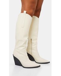 Public Desire - Nevada Ecru Western Cowboy Pointed Toe Block Heel Knee High Boots - Lyst