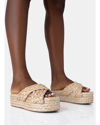 Public Desire - Kos Natural Raffia Cross Over Strap Slip On Flatform Sandals - Lyst