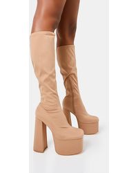 Public Desire - Polished Taupe Nylon Platform Rounded Square Toe Block Heeled Knee High Boots - Lyst