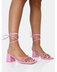 Public Desire - Casey Wide Fit Baby Pink Strappy Lace Up Square Toe Low Block Heel Sandals - Lyst