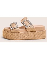 Public Desire - Bettie Natural Rattan Diamante Buckle Detail Flatform Slider Sandals - Lyst