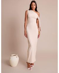 Public Desire - Knot Detail Asymmetric One Shoulder Luxe Slinky Maxi Dress Stone - Lyst