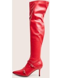 Public Desire - Roulette Red Pointed Toe Diamante Buckle Mid Heel Over The Knee Sock Boots - Lyst