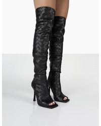 Public Desire Carlotta Black Open Toe Woven Material Heeled Over The Knee Boots