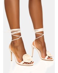 Public Desire - Karla Cream Linen Flower Barely There Lace Up Stiletto Heel - Lyst