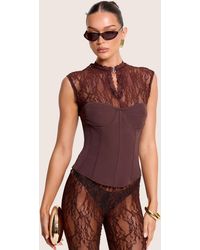 Public Desire - Short Sleeve Sheer Floral Lace Co Ord Top Brown - Lyst