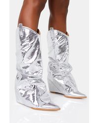Public Desire - Sheriff Silver Metallic Snake Pu Western Inspired Fold Over Pointed Toe Block Cowboy Knee High Boots - Lyst