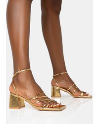 Public Desire - Dayla Gold Strappy Square Toe Block Mid Heel Sandals - Lyst