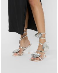 Public Desire - Lotus Silver Mirror & Silver Flower Trim Wrap Around Flared Stiletto High Heels - Lyst
